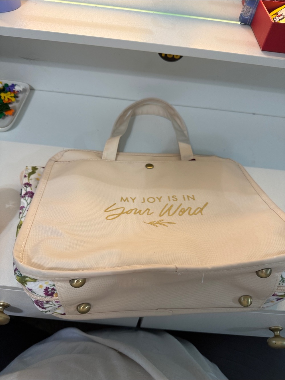 Cream Tote Bag with Gold Script "My Joy Is In Your Word"